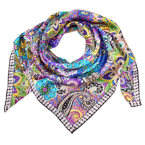 Foulard INDIA Color Blue carré de soie imprimé cachemire Bleu et Multicolore 100 % soie Imprimé sur l'ensemble