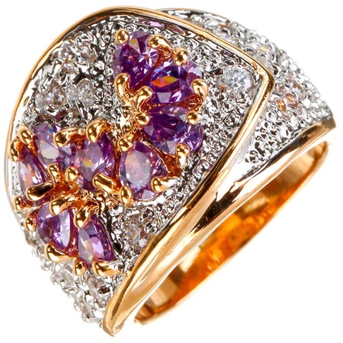 Bague JAPONISCA Mauve Gold Jonc rigide pavé Floral Doré et Parme Laiton doré à l'or fin Oxydes de zirconiums sertis