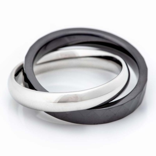 Bague DUO STEEL & CERAMICS Black Silver Jeu de 2 anneaux entrelacés Bicolore Argenté et Noir Acier inoxydable Céramique