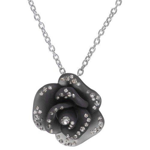 Collier CAMELIA Black Silver Ras de cou pendentif Floral Argenté et Noir Rhodium Cristal