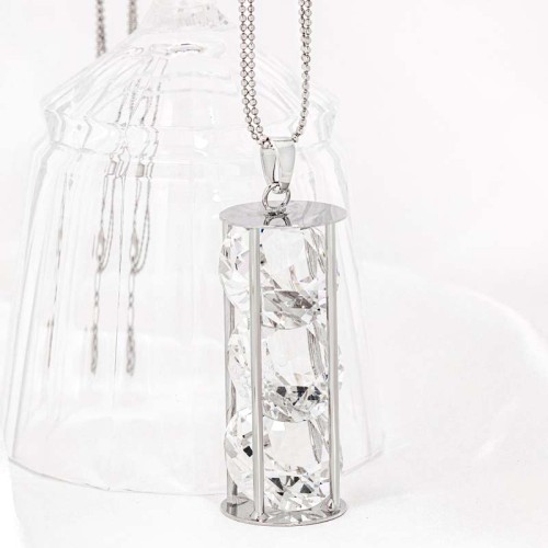 Collier DIAM TIME White Silver Sautoir pendentif en Y Sablier Argenté et Blanc Rhodium Cristal