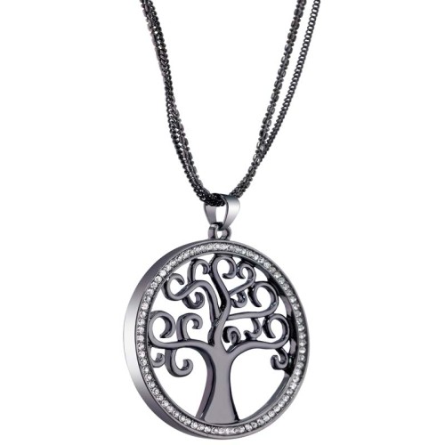 Collier EVANUO Black & White Sautoir pendentif en Y Arbre de vie filigrane Noir et Blanc Rhodium Cristal