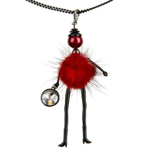 Collier CHOLENA Red Black Sautoir pendentif Poupée petite fille articulée Noir et Rouge Bordeaux Cristal Fourrure synthétique