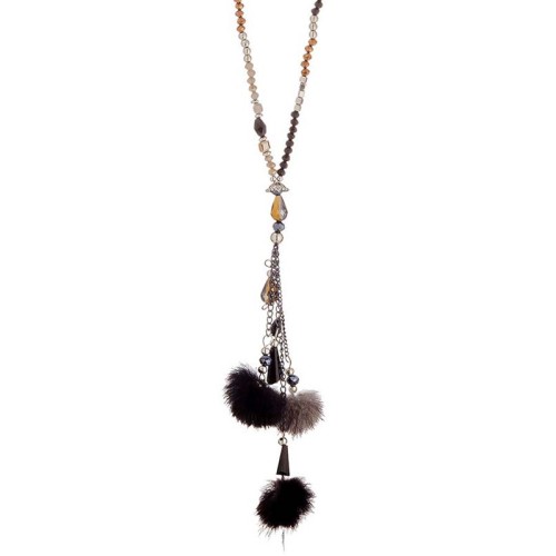 Collier GALABIS Black Silver Sautoir pendentif en Y Hivernal Argenté et Noir Rhodium Cristal et Pompons en fourrure synthétique