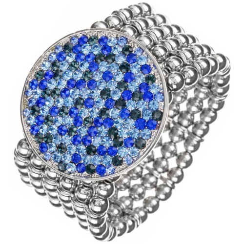 Bracelet ROYAL Blue Silver Manchette souple élastique pavée Rivière de cristal Argenté et Bleu Royal Rhodium Cristal