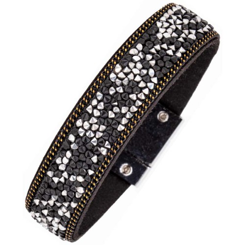 Bracelet SIBERIA Black Silver Manchette souple pavée Rivière de cristal Argenté et Noir Rhodium et Simili-Cuir Cristaux sertis