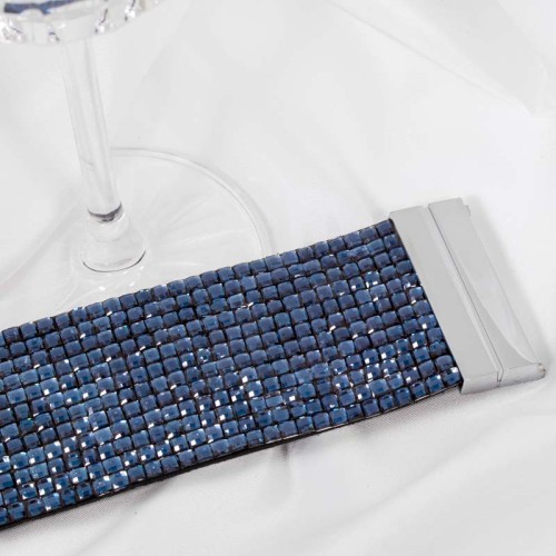 Bracelet CUBIKA Blue Silver Manchette souple pavée Rivière de cristal Argenté et Bleu Rhodium et Simili-Cuir Cristaux sertis