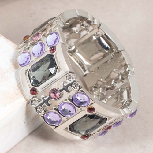 Bracelet SHINE GLAM Mauve Silver Manchette souple élastique pavée Rivière de cristal Argenté et Parme Rhodium Cristal et Résines