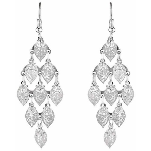 Boucles d'oreilles NATUFLY White Silver Pendantes à pendentif Feuillage Argenté et Blanc Rhodium Cristal