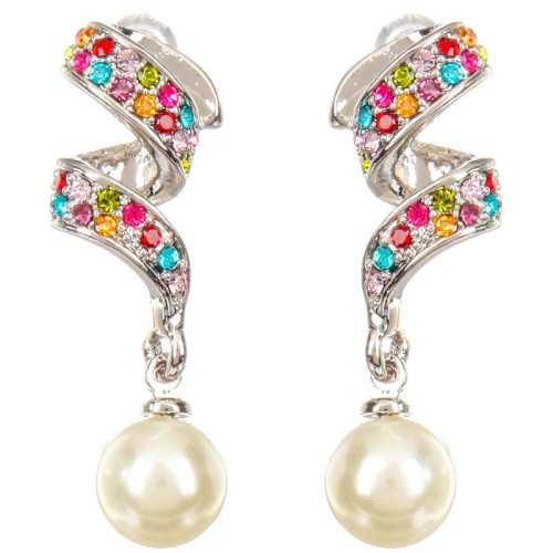 Boucles d'oreilles TORLINE Color Silver Pendantes pavées Torsade Argenté et Multicolore Rhodium Cristal et Perles