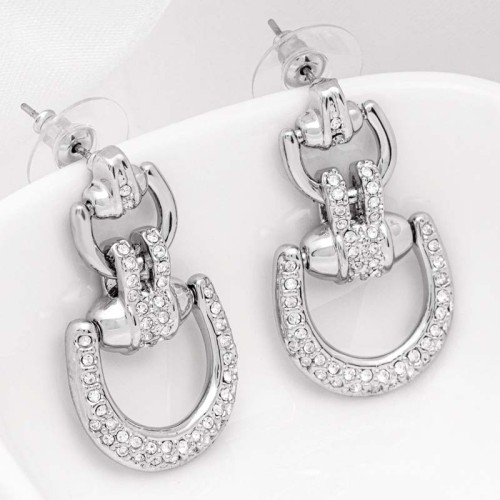 Boucles d'oreilles HORSIE White Silver Pendantes courtes pavées étrier à cheval Argenté et Blanc Rhodium Cristal