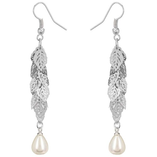 Boucles d'oreilles NATULINE White Silver Pendantes à pendentif Feuillage Argenté et Blanc Rhodium Perles