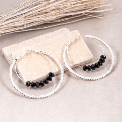 Boucles d'oreilles LORANE Black Silver Créoles multirangs pavées Rivière de cristal Noir Laiton argenté à l'argent fin