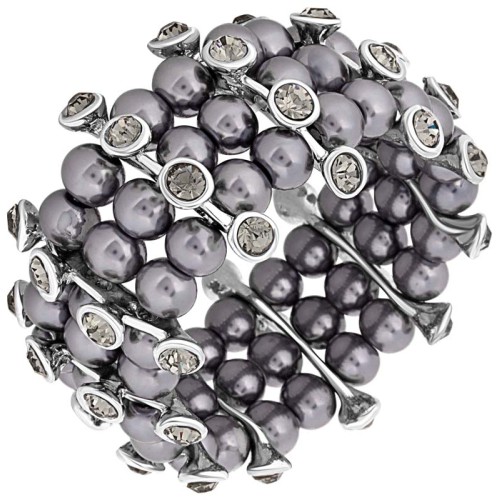 Bracelet WHITNEY Grey Silver Manchette multirangs élastique Rivière de perles intercalées Argenté et Gris Rhodium Cristal