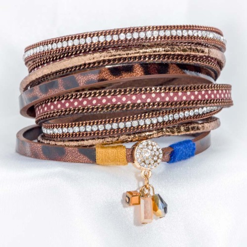 Bracelet PERITIS Brown Silver Double Tour Multirangs Contemporain Doré et Marron Chocolat Rhodium et Simili-Cuir Cristal