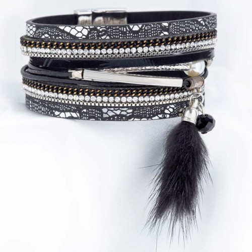 Bracelet ALIA FOX Black silver Manchette souple Multirangs Hivernal Argenté et Noir Simili-Cuir Cristal et Fourrure synthétique