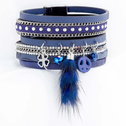 Bracelet CHANCE FOX Night Blue Silver Manchette souple Multirangs Hivernal Argenté et Bleu Nuit Simili-Cuir Fourrure synthétique