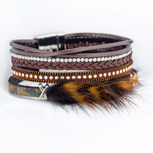 Bracelet FRENZY FOX Brown Silver Manchette souple Multirangs Hivernal Argenté et Marron Simili-Cuir Cristal Fourrure synthétique