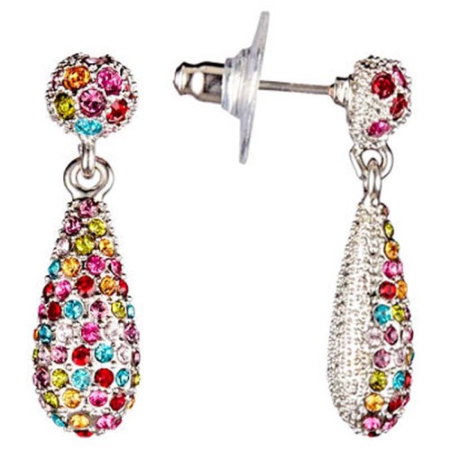 Boucles d'oreilles SOFIA Color Silver Pendantes courtes pavées Goutte de cristal Argenté et Multicolore Rhodium Cristal