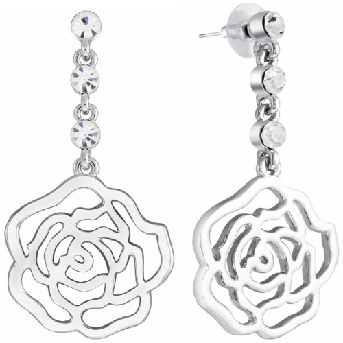 Boucles d'oreilles MYFLOR White Silver Pendantes pavées ajourées Roses Argenté et Blanc Rhodium Cristal