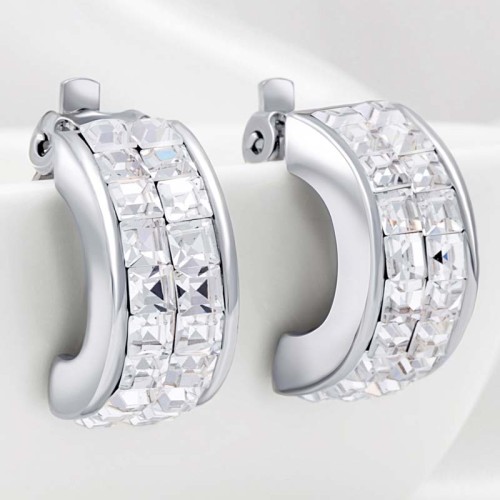 Boucles d'oreilles DIAMANE White Silver Clips puces Rivière de cristal Argenté et Blanc Rhodium Cristaux cubiques