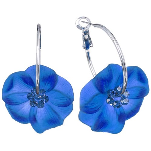 Boucles d'oreilles SUMAO Navy Blue Silver Créoles à pendentif Floral Argenté et Bleu Marine Rhodium Cristal et Résines