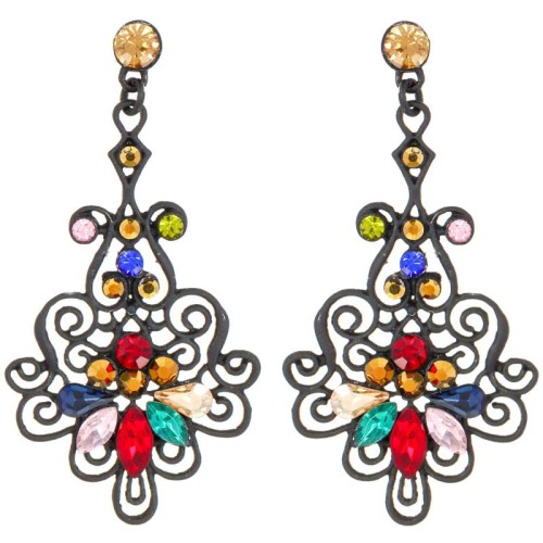 Boucles d'oreilles DOSARIA Color Black Pendantes ajourées Romantique Noir et Multicolore Rhodium Cristal