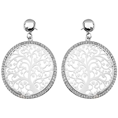 Boucles d'oreilles EVANESCENCE White Silver Pendantes ajourées Arbre de vie ajouré Argenté et Blanc Rhodium Cristal