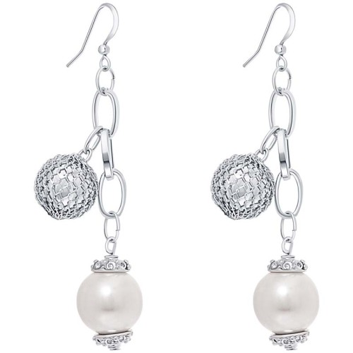 Boucles d'oreilles PERLIS White Silver Pendantes à pendentif Perle emprisonnée Argenté et Blanc Rhodium Perles