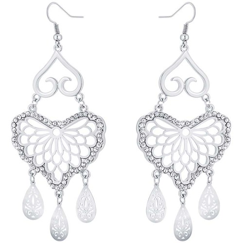 Boucles d'oreilles ADELINE White Silver Pendantes pavées ajourées Romantique Argenté et Blanc Rhodium Cristal