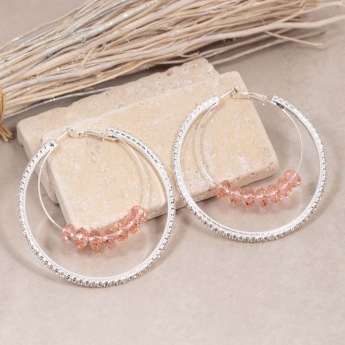 Boucles d'oreilles LORANE Peach Nude Silver Créoles multirang pavées Rivière de cristal Pêche nude Laiton argenté à l'argent fin