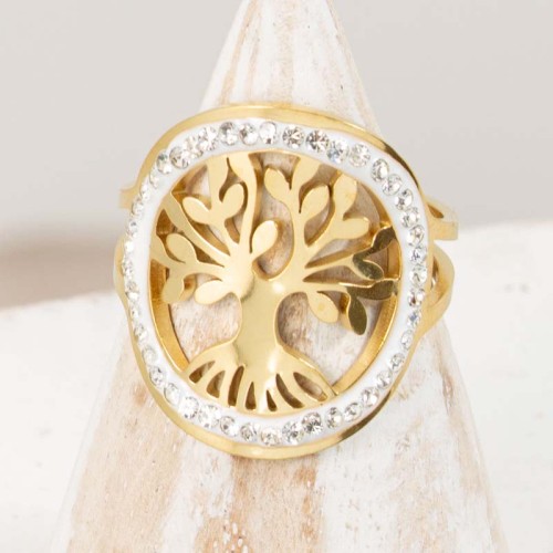 Bague VIDALI Gold Cabochon ajouré réglable flexible Arbre de vie filigrane Doré Blanc Acier inoxydable doré à l'or fin Cristal