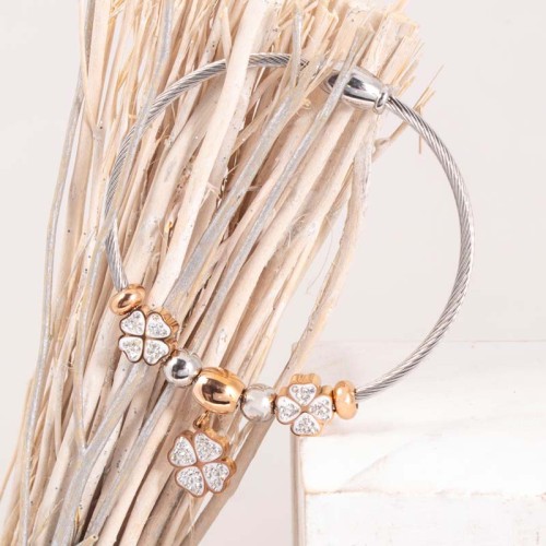 Bracelet CLOVER CHANCE STEEL All Gold Jonc flexible souple pendentif Trèfle 4 feuilles Argent Doré Rosé Acier inoxydable Cristal