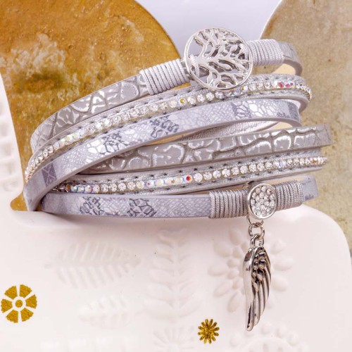 Bracelet ANGELOS Grey Silver Double tour Multirangs Arbre de vie ajouré Argenté et Gris Rhodium et Simili-Cuir Cristal