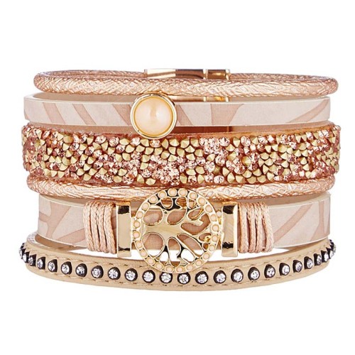 Bracelet VIDA Beige Nude Gold Manchette souple Multirangs Arbre de vie ajouré Doré et Beige Nude Rhodium et Simili-Cuir Cristal