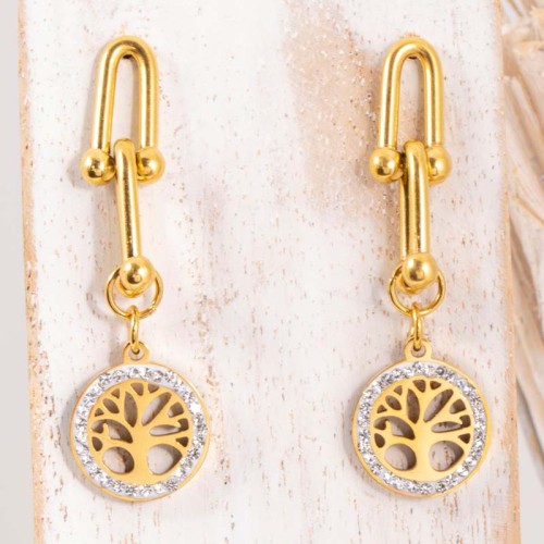 Boucles d'oreilles VIDA LONG White Gold Pendantes longues ajourées Arbre de vie Doré et Blanc Acier inoxydable doré Cristal