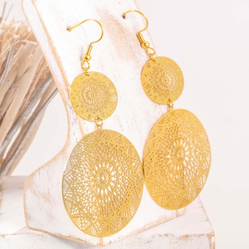 Boucles d'oreilles ALL WINDS Gold Pendantes longues ajourées Rosace filigrane Doré Acier inoxydable doré à l'or fin