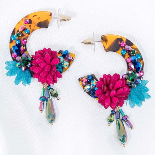 Boucles d'oreilles BAROCCA Color Gold Créoles pendantes Floral Multicolore Doré à l'or fin Cristaux sertis Résines Suédine