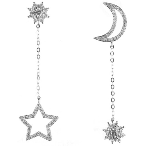 Boucles d'oreilles MOON & STAR White Silver Pendantes asymétriques Lune et étoile Argenté et Blanc Rhodium Cristal