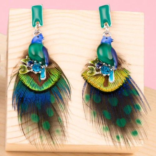 Boucles d'oreilles GORONITO Emerald Green Silver Pendantes courtes Oiseaux Argenté et Vert émeraude Rhodium Cristal Plumes émaux