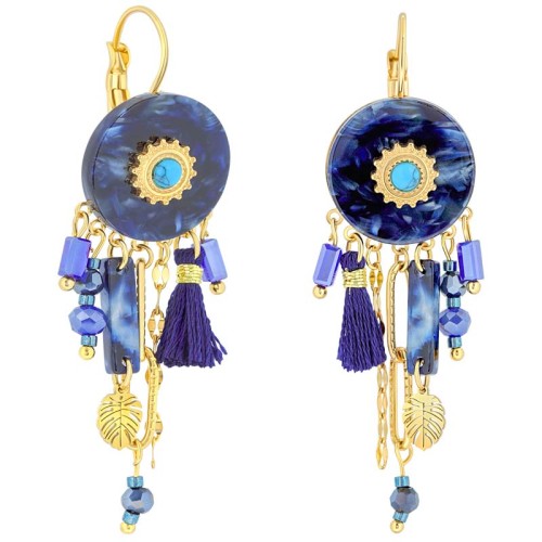 Boucles d'oreilles KERINE Night Blue Gold Pendantes Bohème Doré Bleu Nuit Acier inoxydable doré Turquoise Résines Cristal Pompon