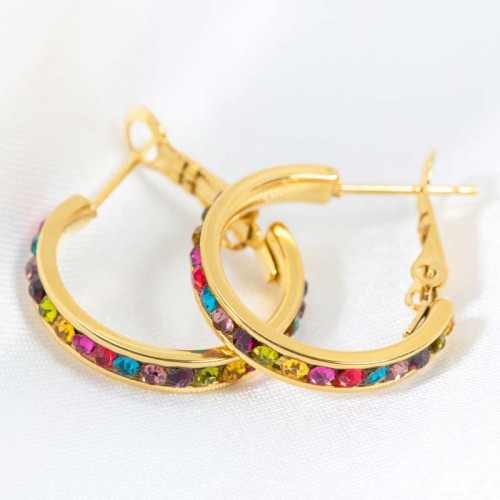 Boucles d'oreilles ORIANA STEEL SMALL SIZE Color Gold Créoles pavées Rivière de cristal Multicolore Acier inoxydable doré