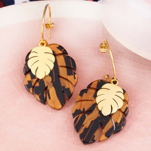 Boucles d'oreilles WILD NATURE STEEL TIGER Black Camel Gold Créoles pendentif Feuille tigrée Doré Noir Acier inoxydable Résines