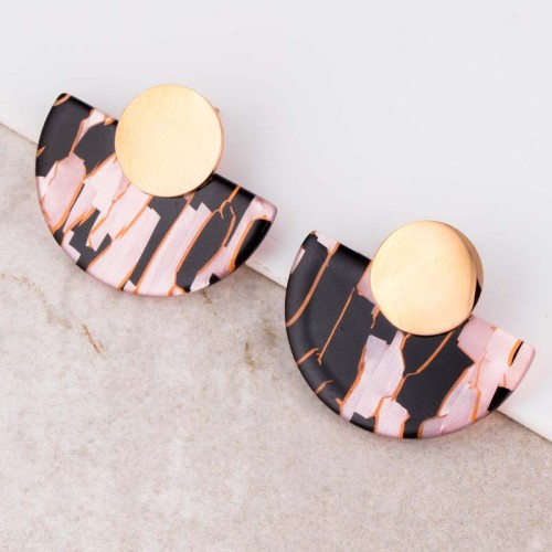 Boucles d'oreilles BALTIMORE STEEL Black & Rose Gold Puces courtes Demie lune tigrée Rosé et Noir Acier inoxydable doré Résines