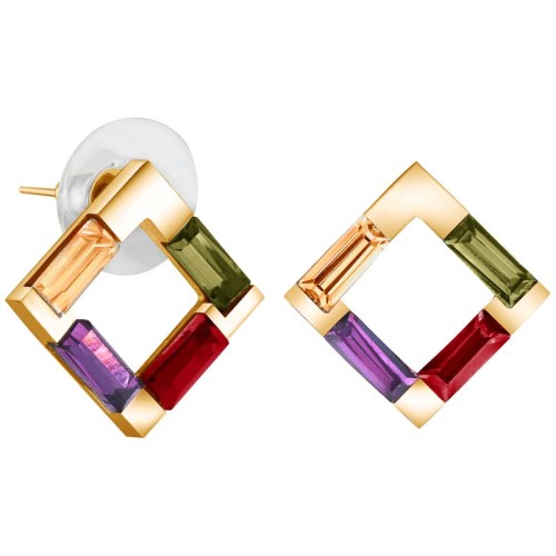 Boucles d'oreilles ROCADA Color Gold Puces courtes Carré Doré et Multicolore Laiton doré à l'or fin Cristal