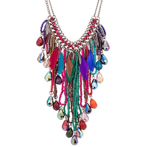 Collier SODIANA Color Silver Plastron à frange Ethnique amérindien Argenté et Multicolore Rhodium Cristal et Plumes et Perles