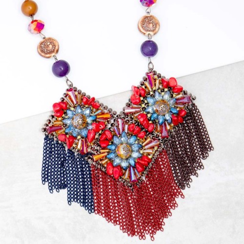 Collier FLORINA CORAL Blue & Red Silver Plastron pavé à frange Floral Argenté et Bleu Corail Pierres de roche naturelle Cristal