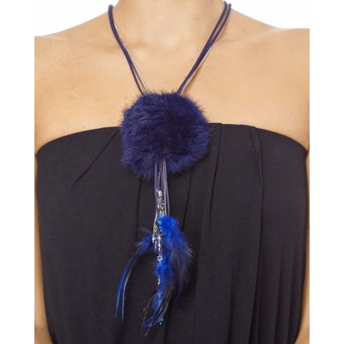 Collier GALABIS LARGO Night Blue Silver Sautoir pendentif Hivernal Argenté et Bleu Nuit Cristal Plumes Fourrure synthétique