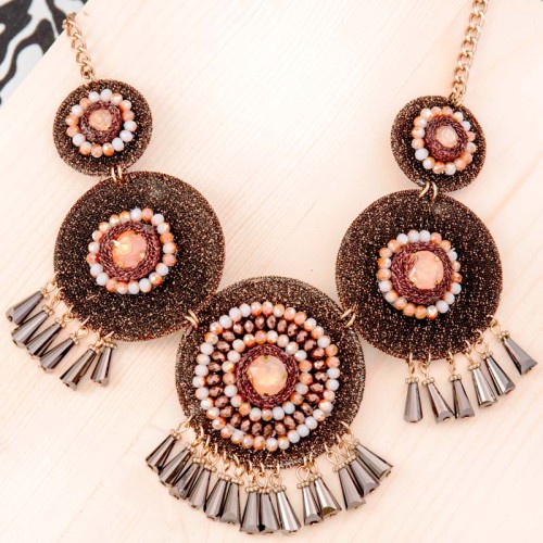 Collier BIZANCE Brown Gold Plastron pavé à pendentif Cocktail Doré et Marron Chocolat Doré à l'or fin Cristal et Textile irisé