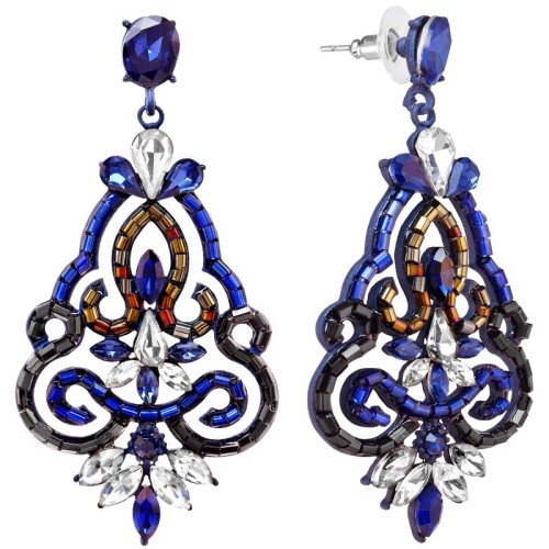 Boucles d'oreilles SEDEORA Night Blue Silver Pendantes ajourées Blason Argenté et Bleu Nuit Rhodium Cristal